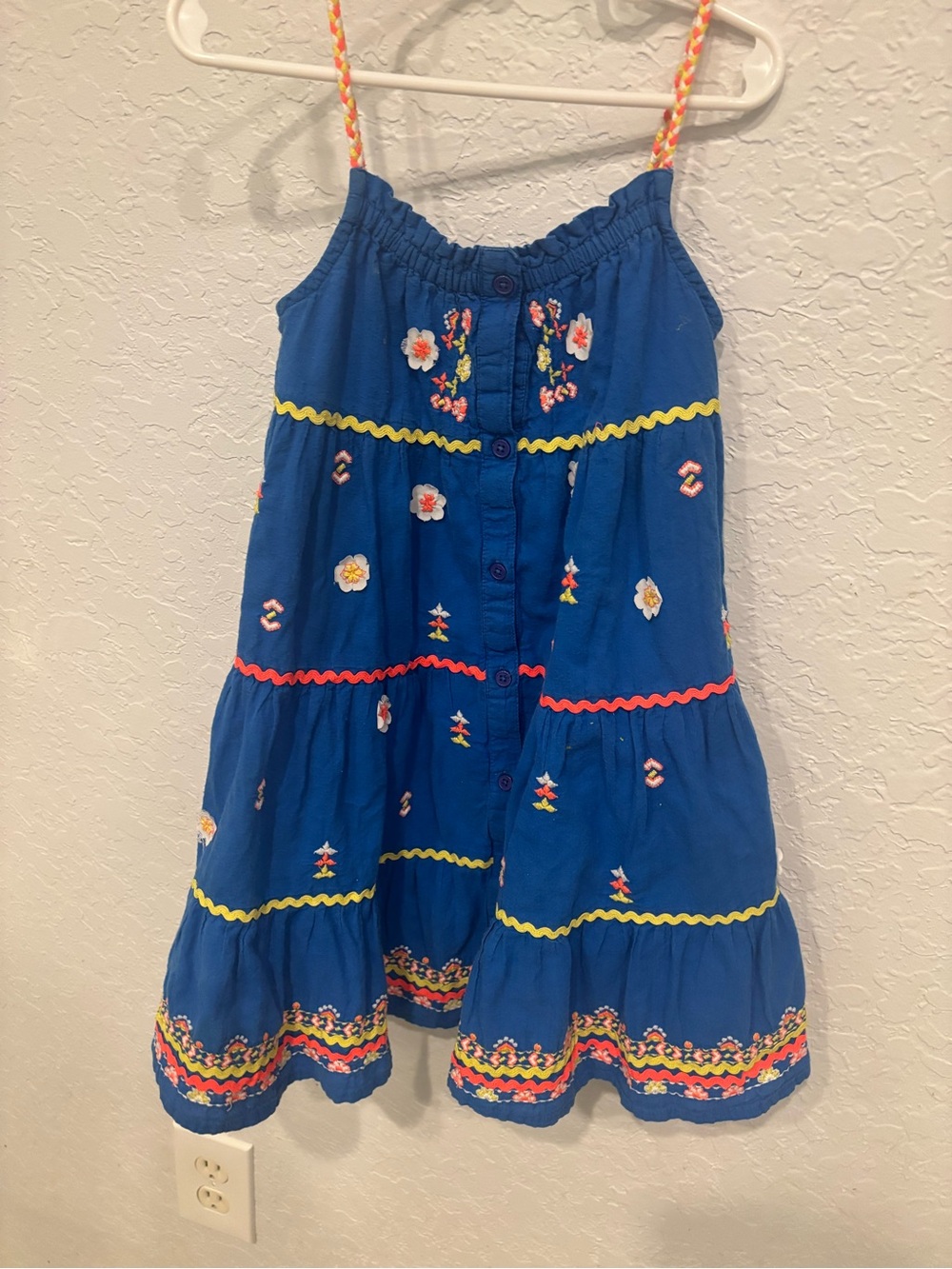 Mini Boden Dress Girls 3-4y Blue White Striped Seersucker Floral Embroidered
